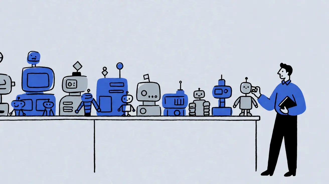Drawing of a teacher comparing a lineup of different machines and small robots on a long shelf.