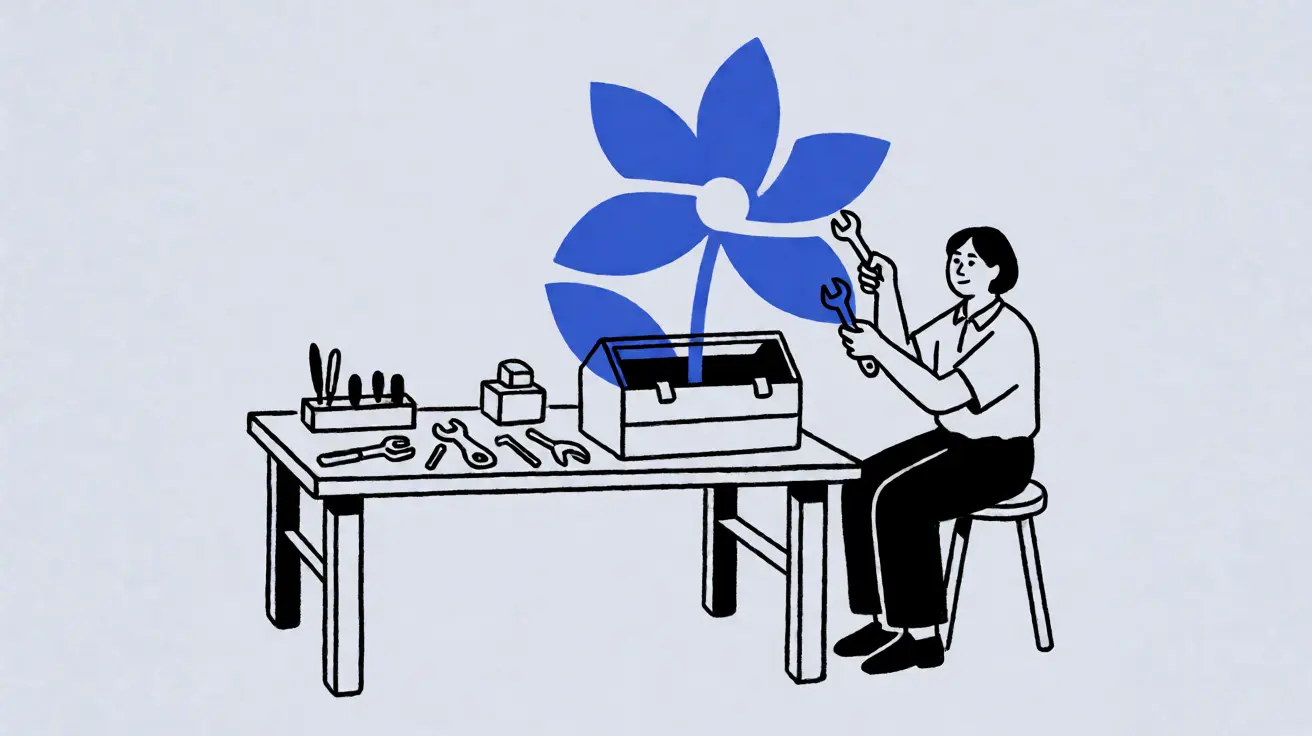Drawing of a person tuning a large blue geometric shape that grows out of a toolbox on a workbench.