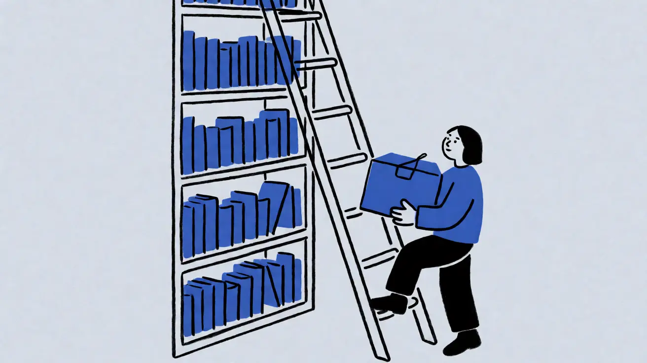Drawing of a person carrying a blue box up a ladder against a tall bookshelf.