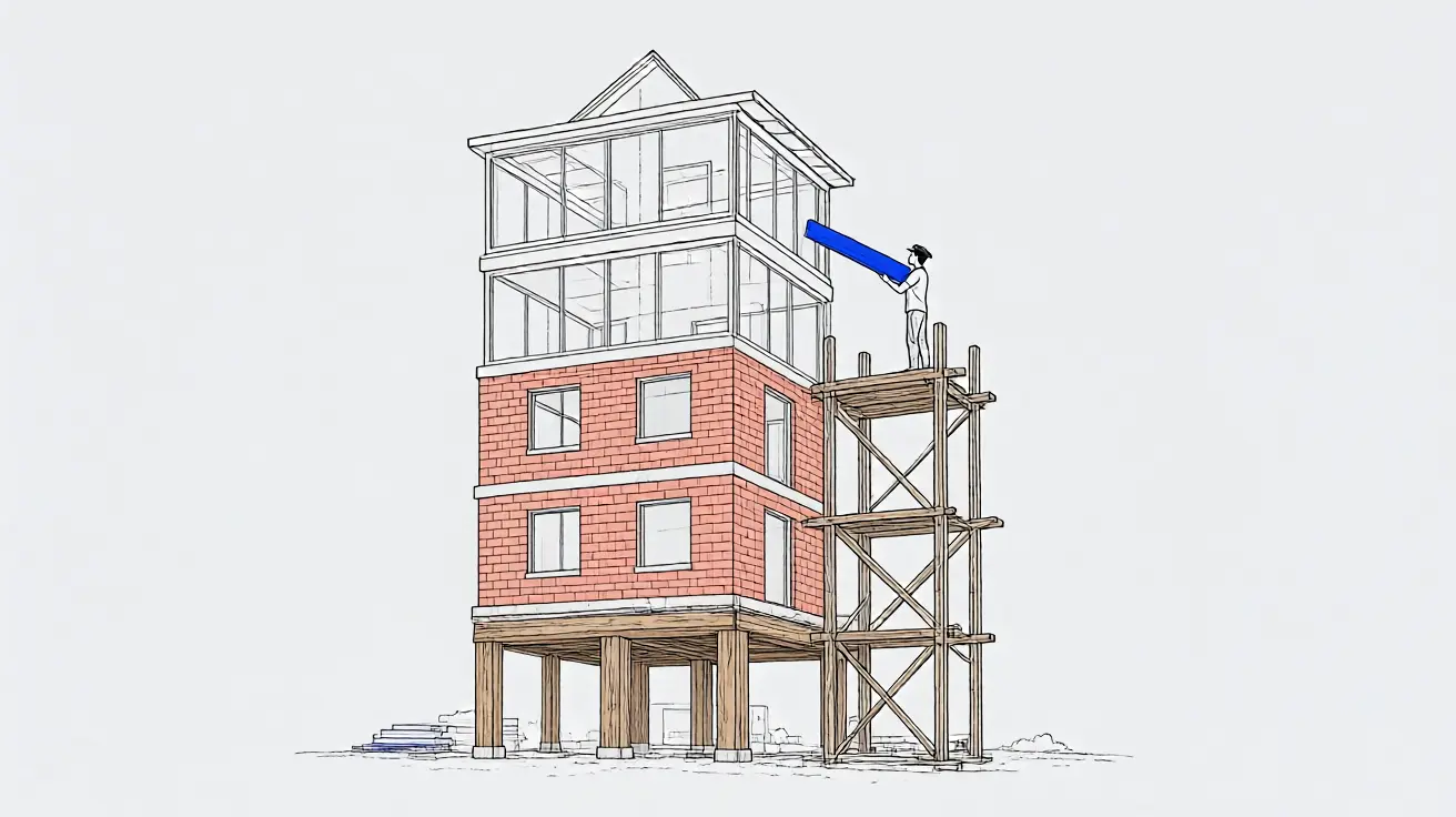 Drawing of a building on old wooden stilts with brick floors and glass floors stacked above, while a person on scaffolding lifts a blue beam to the top floor.