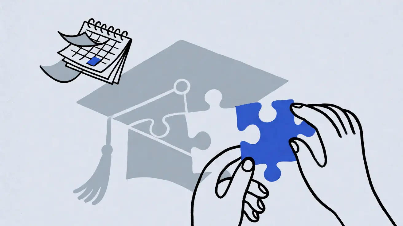 Drawing of two hands fitting a blue puzzle piece into a graduation cap, with a calendar shedding pages.