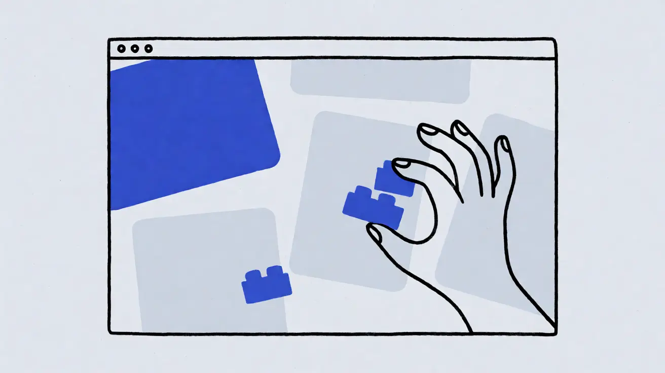 Drawing of a hand placing small blue blocks onto a course page inside a browser window.