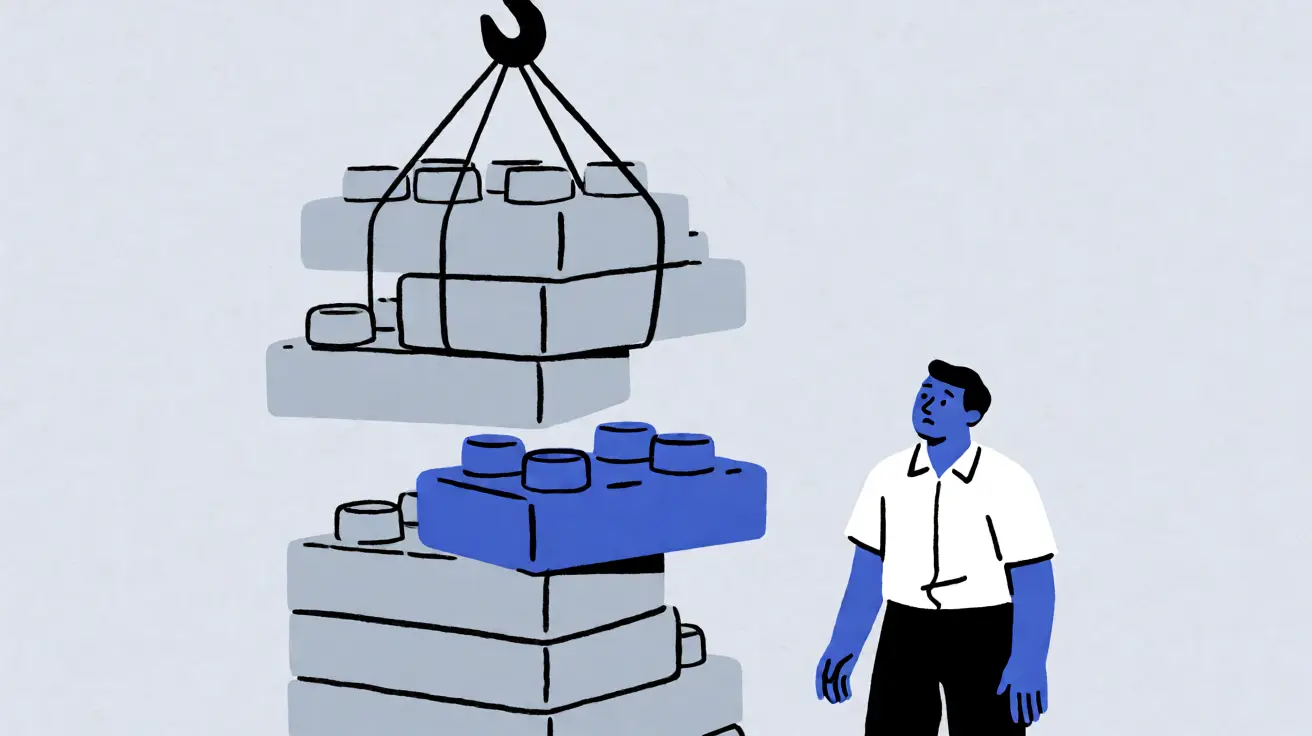 Drawing of a crane lifting a stack of blocks while one blue block near the bottom slips out, watched by a person.