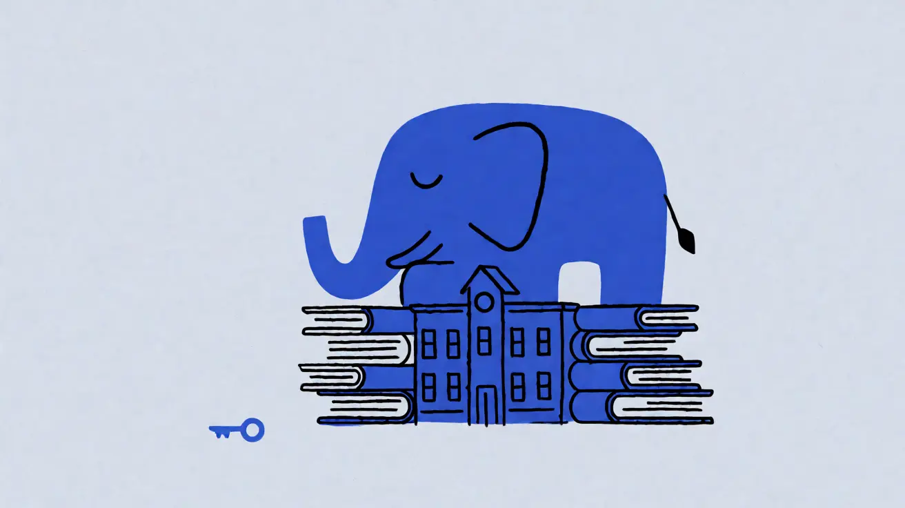 Drawing of a sleeping elephant on a stack of books shaped like a school, with a blue key forgotten on the floor.