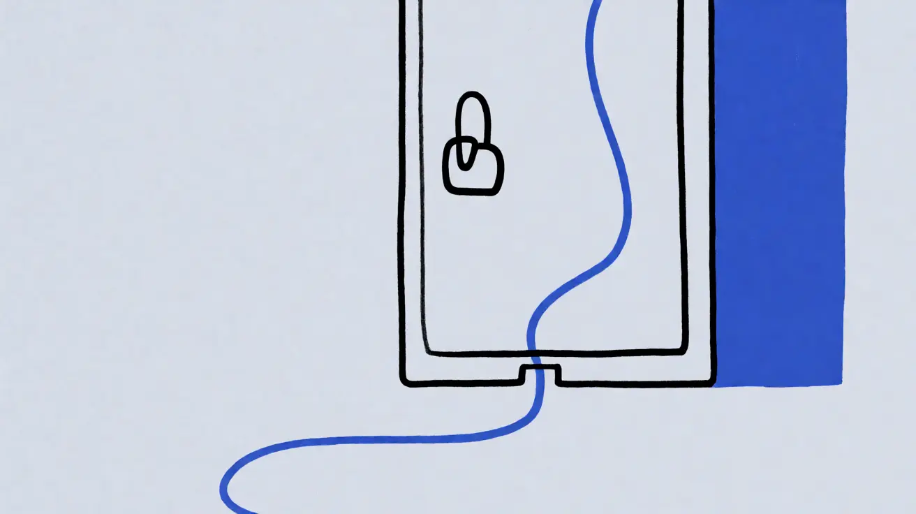 Drawing of a blue line slipping under a locked server cabinet door and winding up inside.